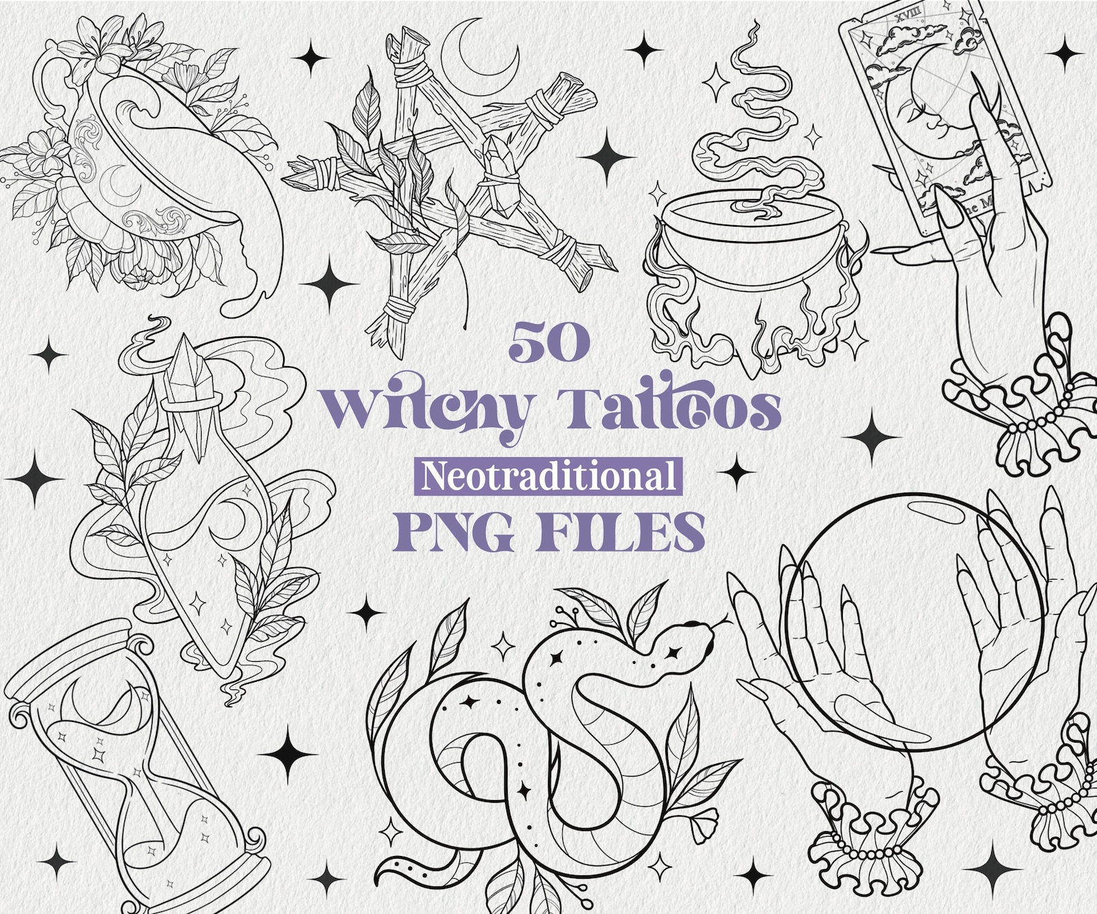 50 Witchy Tattoo Designs PNG Files | Witch Designs | Gothic Tattoo ...