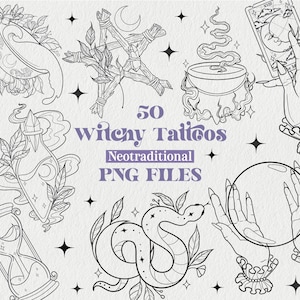 50 Witchy Tattoo Designs PNG Files | Witch Designs | Gothic Tattoo Designs | Tattoo Flash Designs