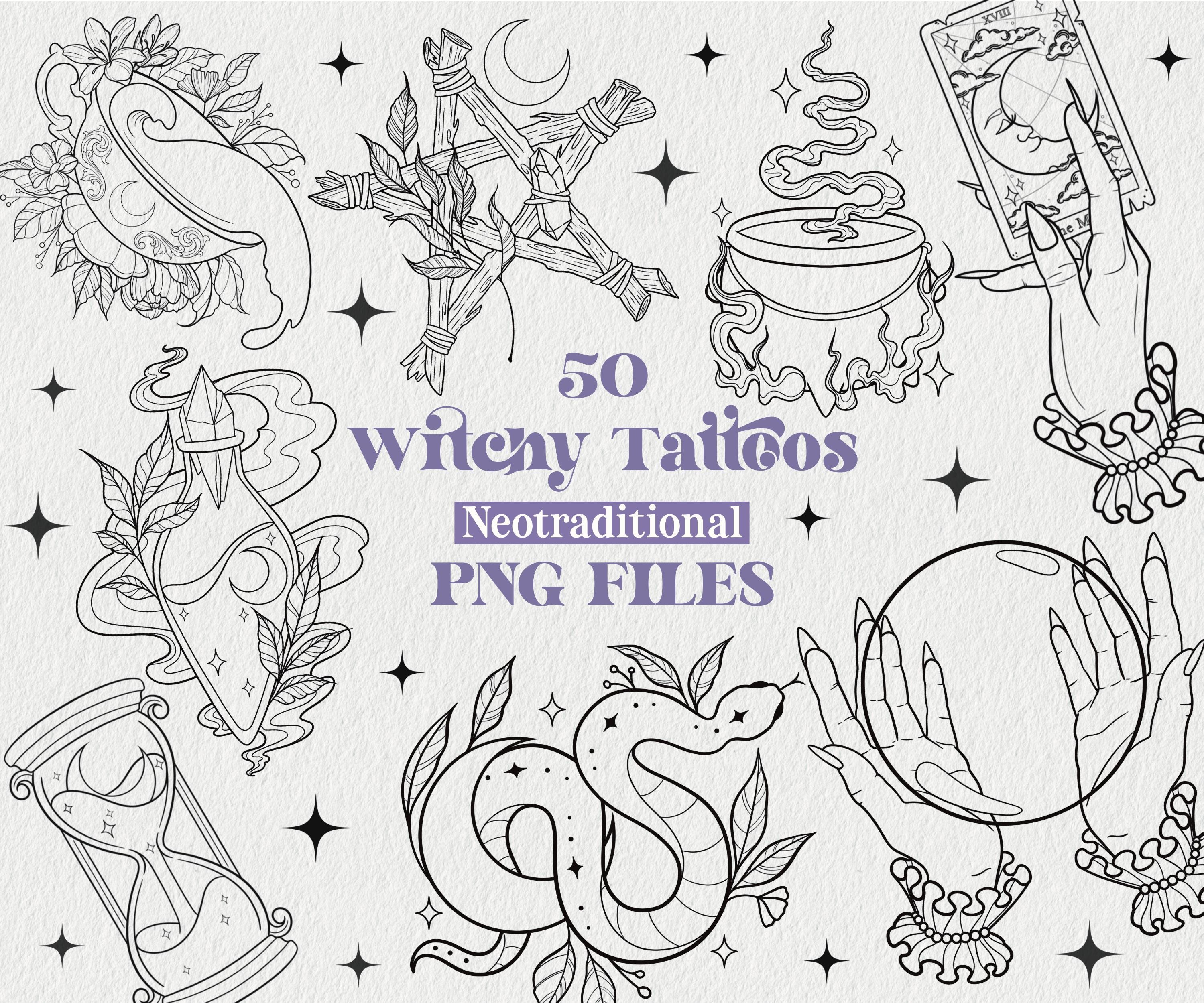 50 Witchy Tattoo Designs PNG Files | Witch Designs | Gothic Tattoo Designs | Tattoo Flash Designs