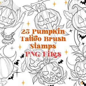May include: A set of 25 black and white pumpkin tattoo brush stamps. The stamps feature various pumpkin designs, including pumpkins with faces, pumpkins with vines, and pumpkins with bats. The text "25 Pumpkin Tattoo Brush Stamps PNG Files" is written in orange and red letters.