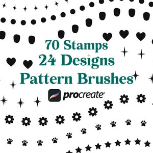 May include: 70 Stamps 24 Designs Pattern Brushes for Procreate. Black and white graphic design elements including stars, hearts, flowers, paw prints, and circles.