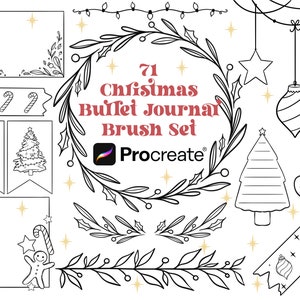 Op de afbeelding: Een set van 71 zwarte en witte kerstthema-penseelstreken voor Procreate. De penseelstreken omvatten kransen, ornamenten, snoepstokken, sterren en meer.