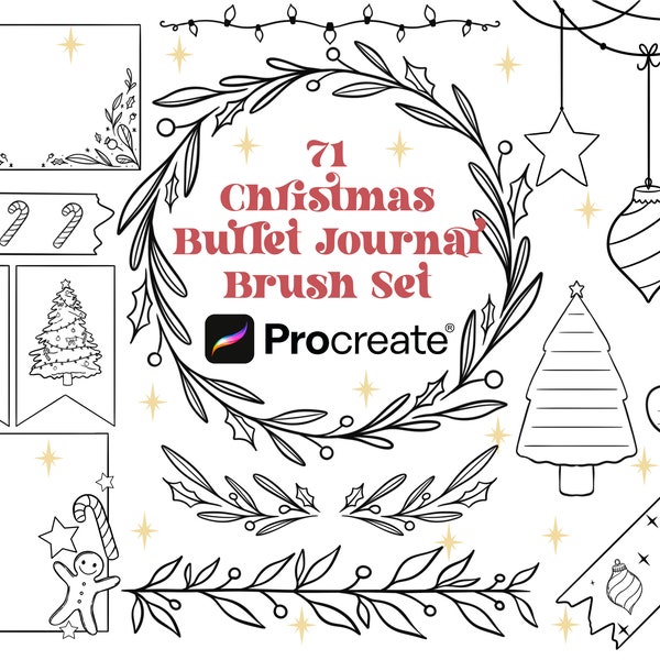 71 Christmas Procreate Brushes | Digital Bullet Journal | Digi Dot Planners, Journals & Stickers | Festive Procreate Stamp brush Set