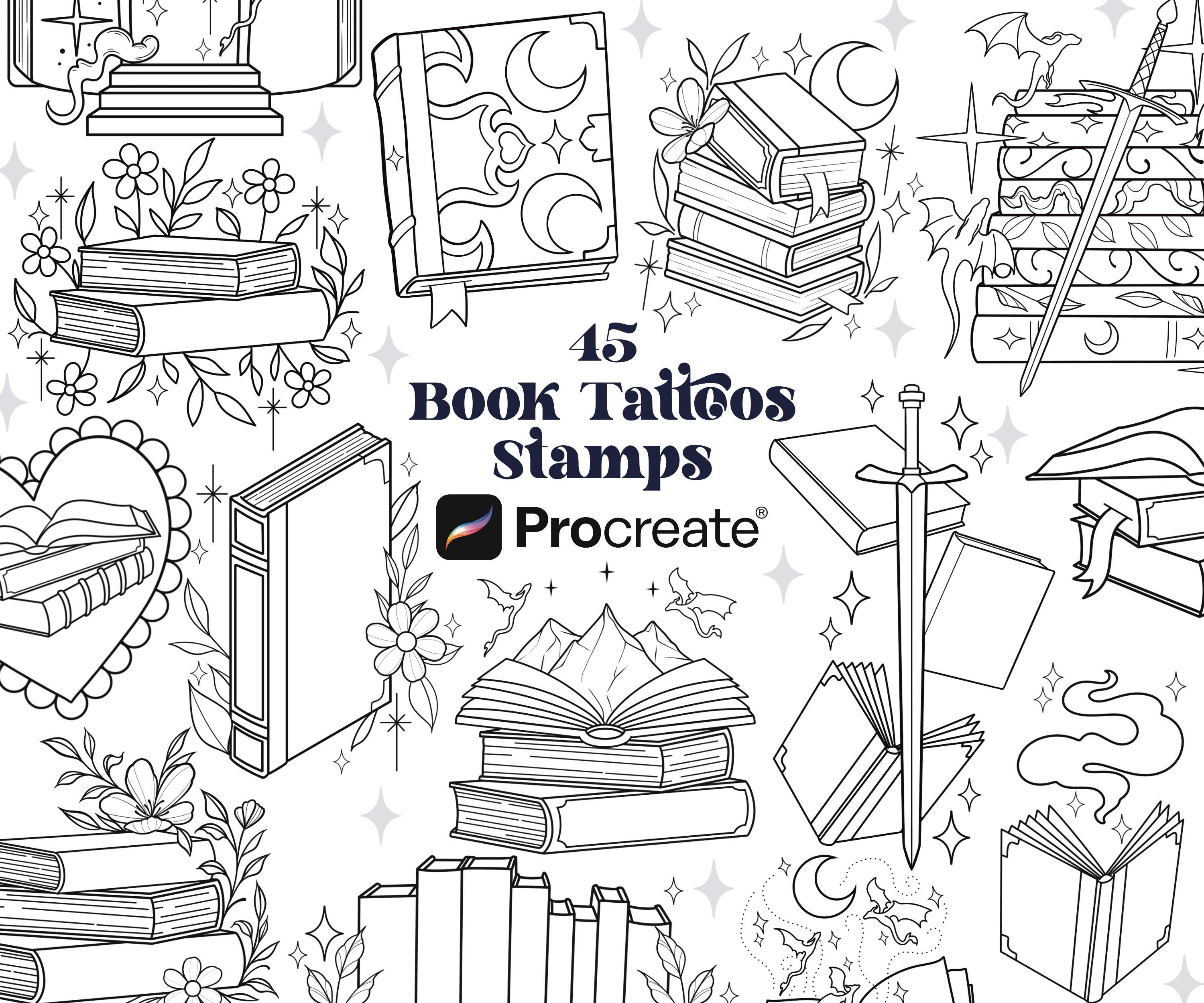 Carimbos para Procreate Bookish | Designs de tatuagem de fantasia inspirados em livros, dragões, espadas e arte celestial