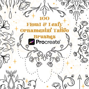 100 Floral Leafy Ornamental Tattoo Design Procreate Brushes | Decorative Tattoo Stamps | Fairytale Designs | Filigree Designs Procreate