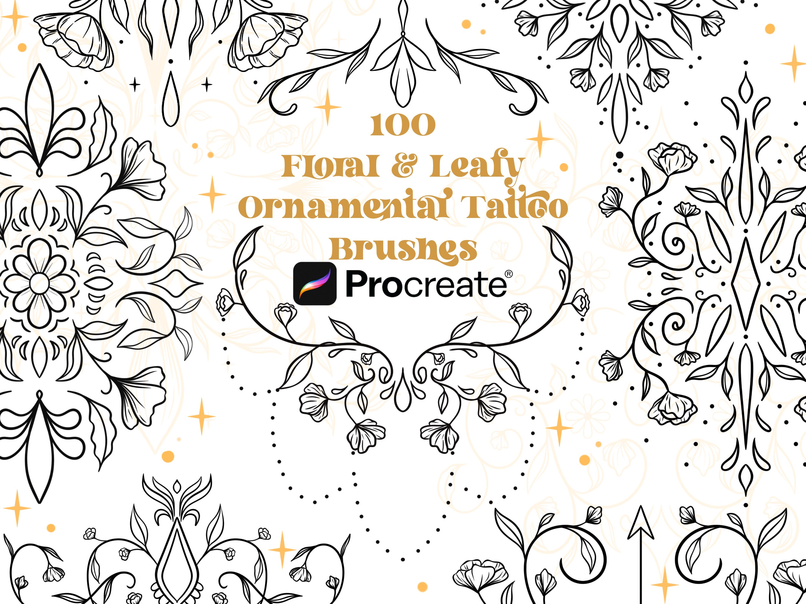 100 Floral Leafy Ornamental Tattoo Procreate Brushes | Filigree & Fairytale Decorative Stamp Set