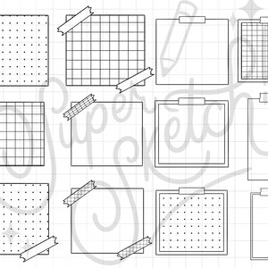 May include: A set of 12 printable digital planner stickers featuring various grid and dot patterns. Each sticker has a washi tape design on one corner.