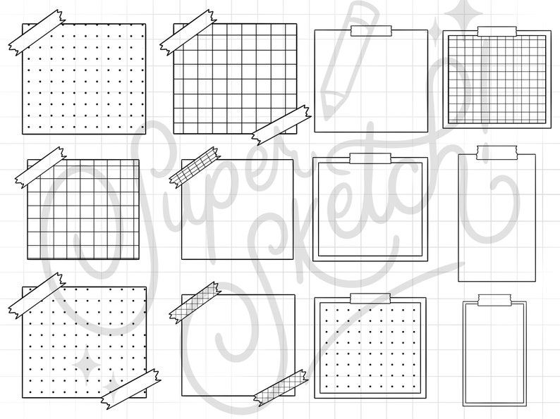 May include: A set of 12 printable digital planner stickers featuring various grid and dot patterns. Each sticker has a washi tape design on one corner.