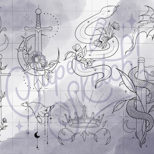 May include: A set of nine black and white line drawings of various tattoo designs. The designs include a sword, a snake, a crown, a dragon, a crescent moon, and a hand.