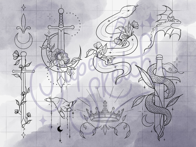 May include: A set of nine black and white line drawings of various tattoo designs. The designs include a sword, a snake, a crown, a dragon, a crescent moon, and a hand.