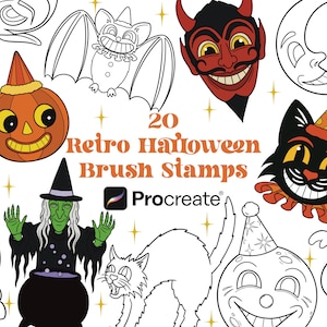 May include: A set of 20 retro Halloween brush stamps for Procreate. The stamps feature various Halloween icons, including a witch, a cat, a ghost, a pumpkin, a bat, a devil, and a moon. The stamps are in black and white and have a vintage look.