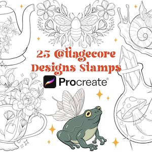 Puede incluir: Un conjunto de 25 sellos de diseño cottagecore para Procreate. Los sellos presentan ilustraciones de una tetera, una taza de té, una rana, un caracol, una botella de cristal y flores. El texto "25 Cottagecore Designs Stamps" y "Procreate" también se incluyen en la imagen.