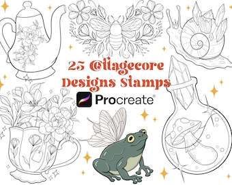 May include: A set of 25 cottagecore design stamps for Procreate. The stamps feature illustrations of a teapot, a teacup, a frog, a snail, a crystal bottle, and flowers. The text "25 Cottagecore Designs Stamps" and "Procreate" are also included in the image.