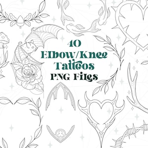 40 armbågstatueringar PNG-filer | Knätatueringsdesigner | Gotiska tatueringar | Tatueringsflashark | Procreate-stämplar | Cirkulära tatueringar | Fladdermustatuering PNG bild 1