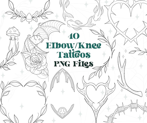 40 Elbow Tattoo PNG Files | Knee Tattoo Designs | Gothic Tattoos | Tattoo Flash Sheet | Procreate Stamps | Circular Tattoos | Bat Tattoo PNG