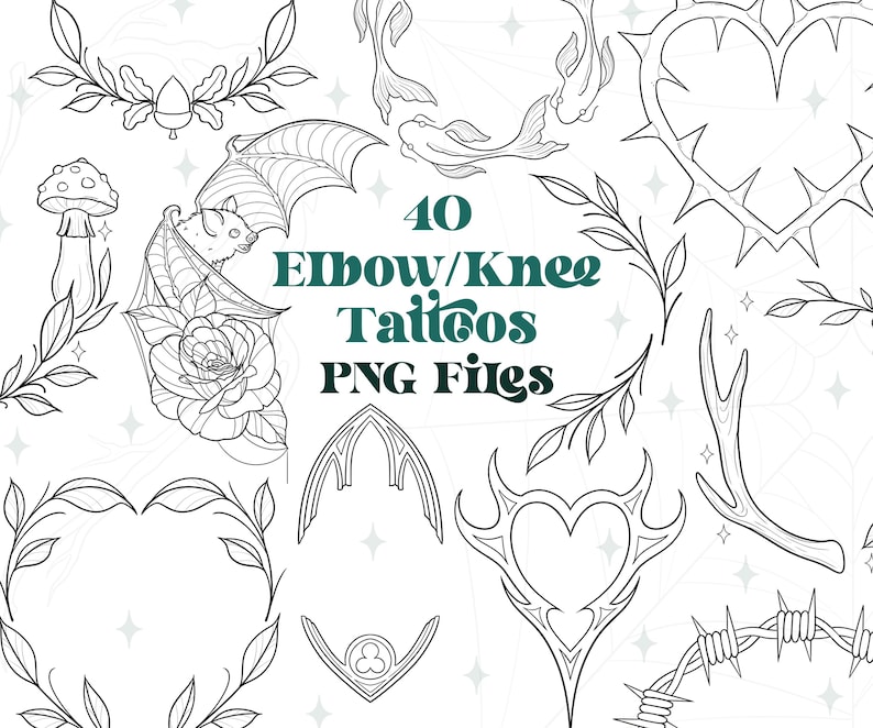 40 armbågstatueringar PNG-filer | Knätatueringsdesigner | Gotiska tatueringar | Tatueringsflashark | Procreate-stämplar | Cirkulära tatueringar | Fladdermustatuering PNG bild 1