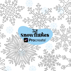 May include: A digital illustration of 32 black and white snowflake designs. The text "32 Snowflakes" and "Procreate" are in the center of the image.