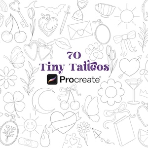 May include: A monochrome illustration featuring 70 tiny tattoo designs. The image includes a variety of motifs such as a rainbow, cherries, a key, a heart-shaped locket, a butterfly, and a flower, with the text "70 Tiny Tattoos".