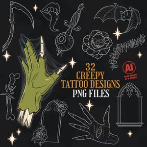 32 Creepy Tattoo PNG Files | Horror Tattoo PNG files | Spooky Tattoo Designs | Dark Gothic Tattoo Commercial Use Pngs