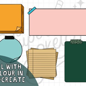 May include: A set of printable digital planner stickers featuring a variety of shapes and designs, including a stack of orange sticky notes, a pink rectangle, a stack of lined paper, a green rectangle, and a blue circle. The text "FILL WITH COLOUR IN PROCREATE" is visible in the image.