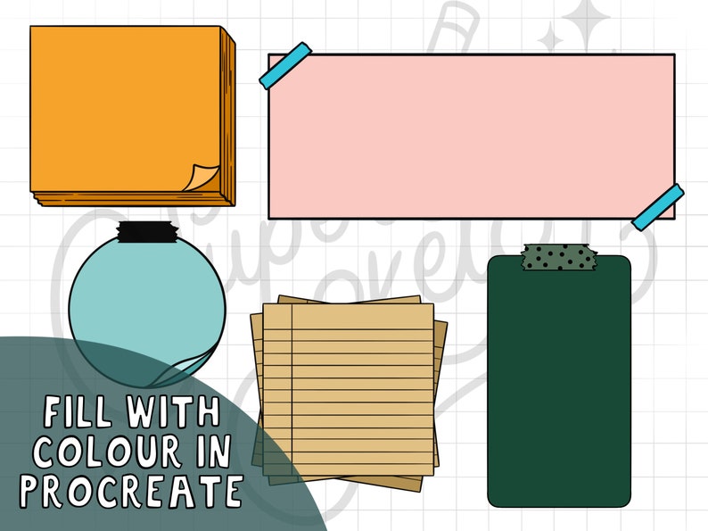 May include: A set of printable digital planner stickers featuring a variety of shapes and designs, including a stack of orange sticky notes, a pink rectangle, a stack of lined paper, a green rectangle, and a blue circle. The text "FILL WITH COLOUR IN PROCREATE" is visible in the image.
