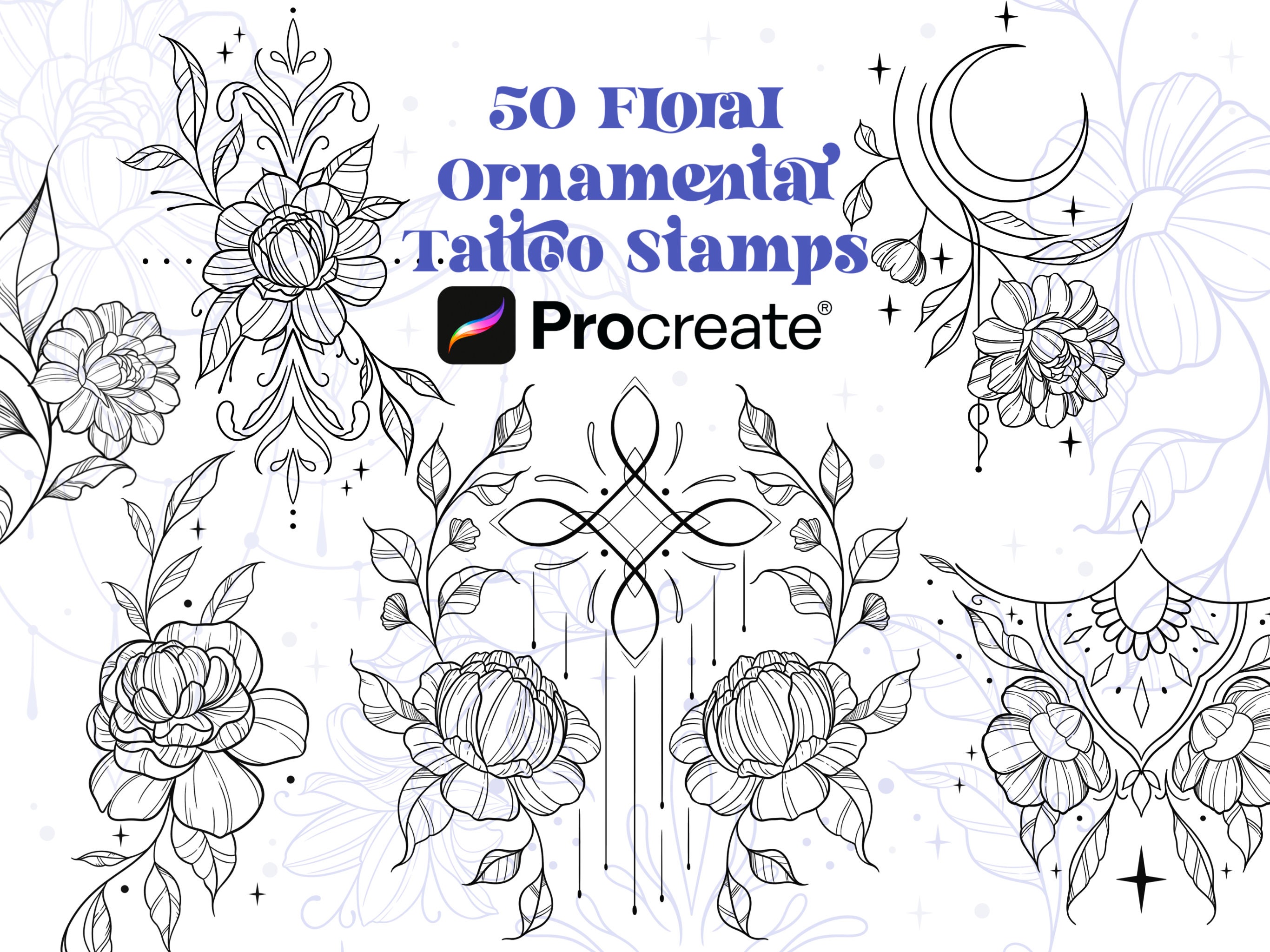 50 Floral Ornamental Tattoo Procreate Brushes | Floral Decorative ...