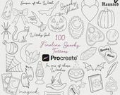 100 Fineline Spooky Tattoos Procreate Stamps | Popular Tattoo Designs | Halloween Tattoo Flash | Patchwork Tattoos Procreate Brush | Dainty