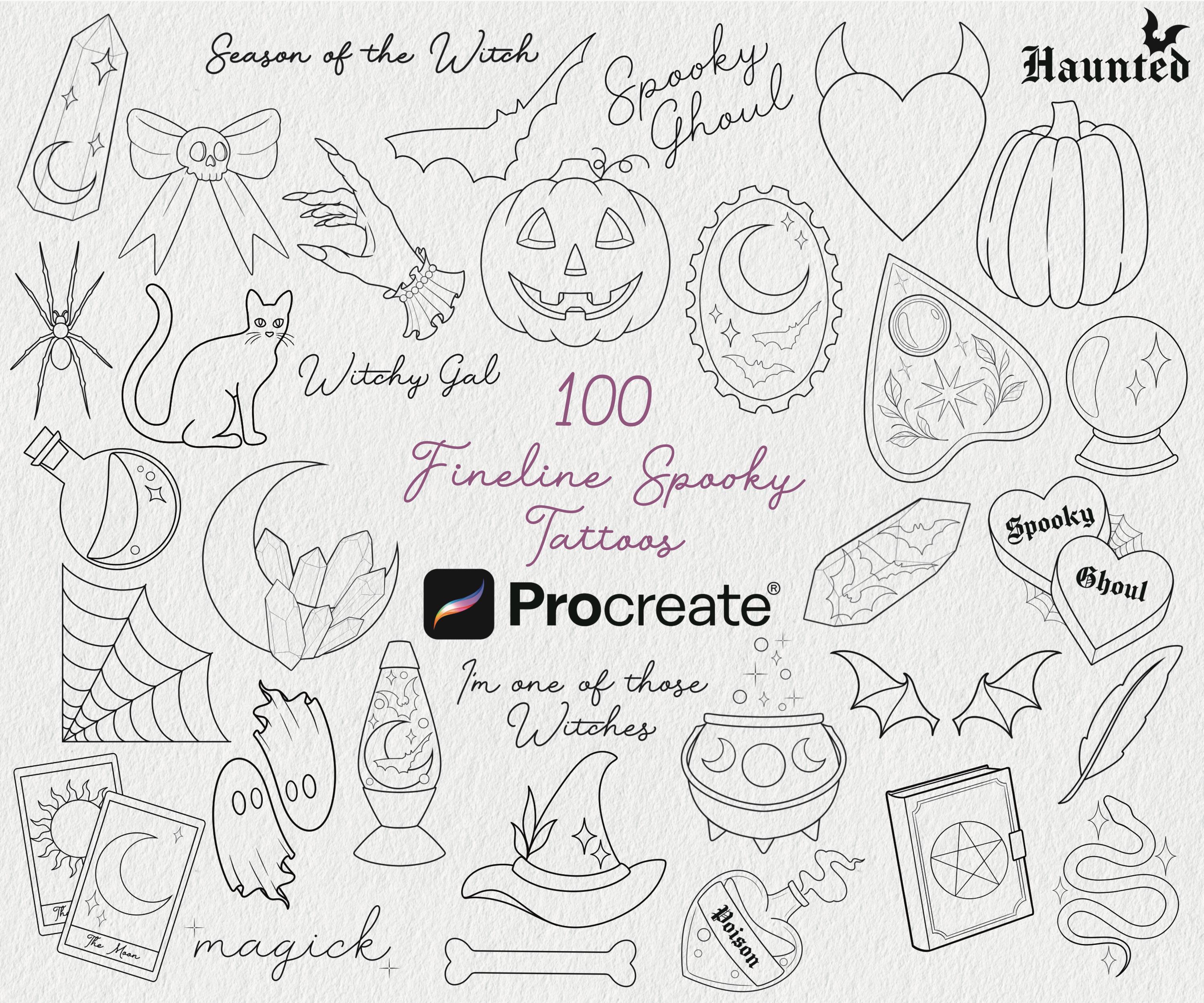 100 Fineline Spooky Tattoos Procreate Stamps | Popular Tattoo Designs ...