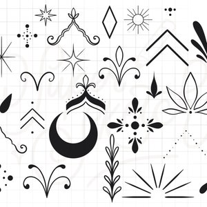 Op de afbeelding: Een verzameling van 25 zwart-witte vectorillustraties van verschillende geometrische vormen, sterren en bloemmotieven. Deze ontwerpen zijn perfect voor het maken van patronen, achtergronden of het toevoegen van een vleugje whimsy aan elk project.