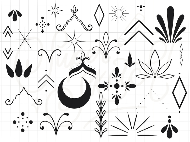 Op de afbeelding: Een verzameling van 25 zwart-witte vectorillustraties van verschillende geometrische vormen, sterren en bloemmotieven. Deze ontwerpen zijn perfect voor het maken van patronen, achtergronden of het toevoegen van een vleugje whimsy aan elk project.