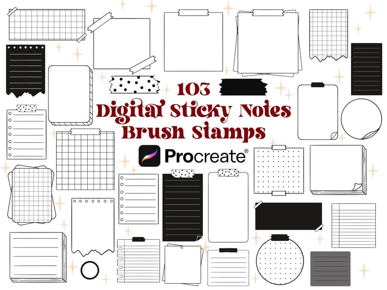 May include: 103 digital sticky note brush stamps for Procreate. The image shows a variety of note shapes, sizes, and styles, including lined, grid, polka dot, and plain. The notes are in black and white.