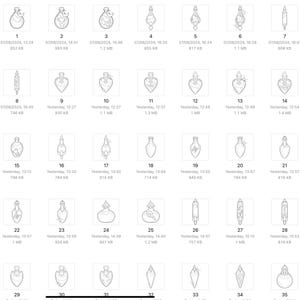 May include: A set of 35 black and white line drawings of potion bottles with various shapes and designs. The drawings are numbered 1 through 35.