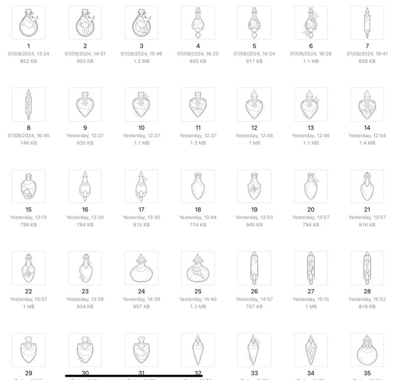 May include: A set of 35 black and white line drawings of potion bottles with various shapes and designs. The drawings are numbered 1 through 35.