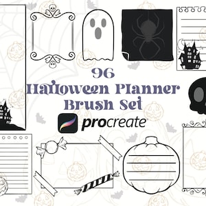 May include: A set of 96 Halloween planner brush set for Procreate app. The brushes include a variety of Halloween-themed elements, such as ghosts, pumpkins, spiders, skulls, and candy. The brushes are perfect for creating planner pages, cards, and other Halloween-themed projects.