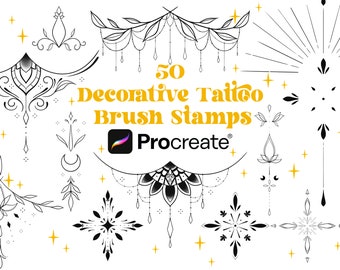 May include: 50 Decorative Tattoo Brush Stamps for Procreate. A set of black and white brush stamps featuring various decorative tattoo designs, including floral, geometric, and celestial motifs.