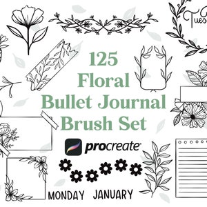 May include: A set of 125 floral brush designs for Procreate, featuring wreaths, banners, flowers, leaves, and other decorative elements. The brushes are perfect for bullet journaling, scrapbooking, and other creative projects.