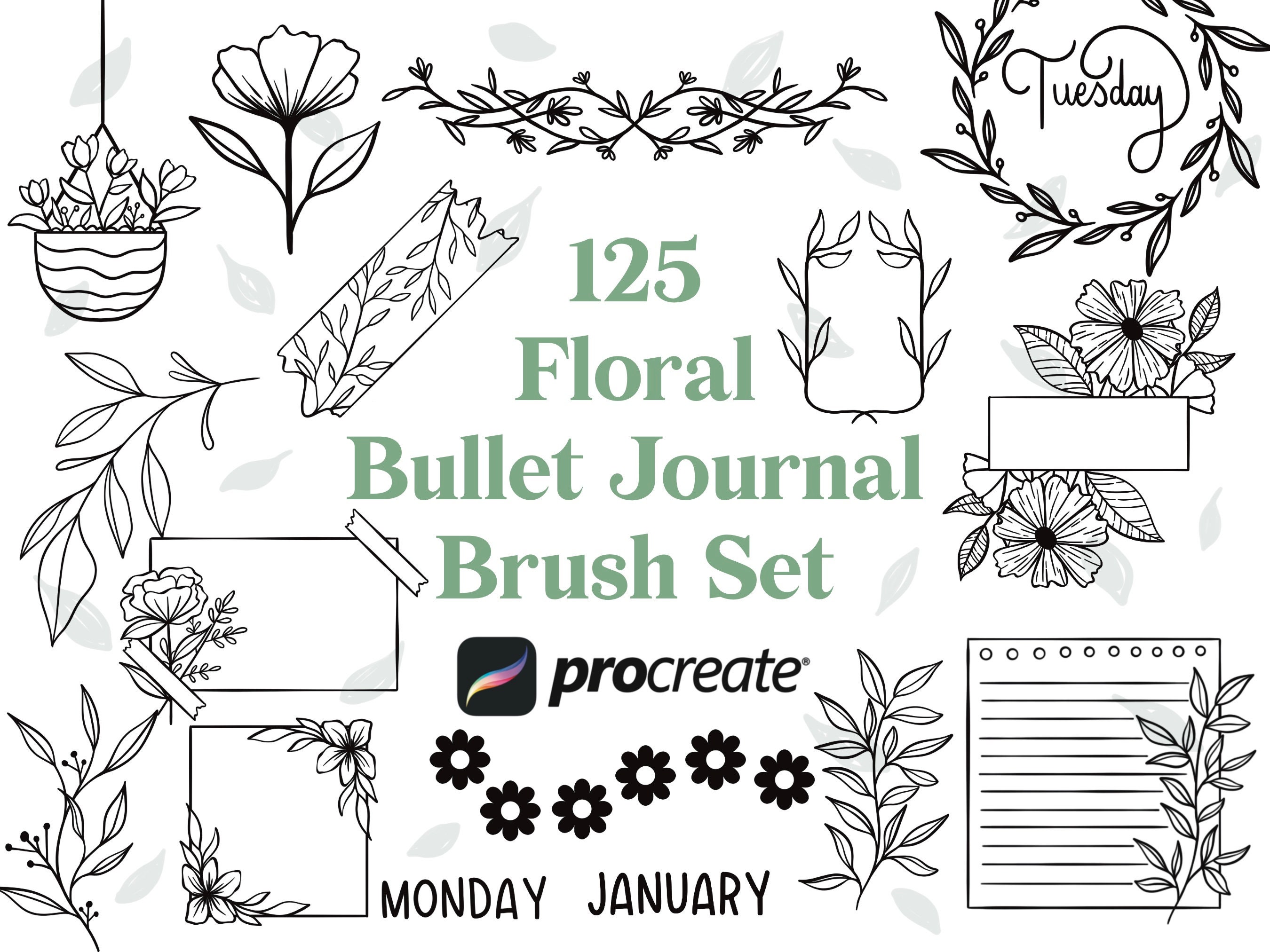 125 Floral Bullet Journal Procreate Stamps | BuJo Planner Brush Set for Digital Journaling & Stickers