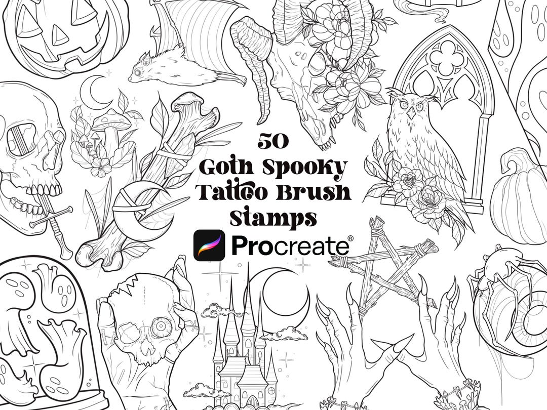 50 Goth Procreate Tattoo Stamps | Halloween Tattoo Flash | Procreate ...