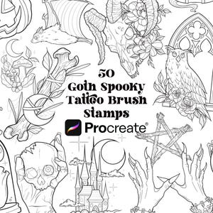 Puede incluir: Un conjunto de 50 sellos de pincel de tatuaje gótico y espeluznante en blanco y negro para Procreate. Los sellos presentan varios diseños, incluidos cráneos, murciélagos, búhos, calabazas y otros elementos espeluznantes.