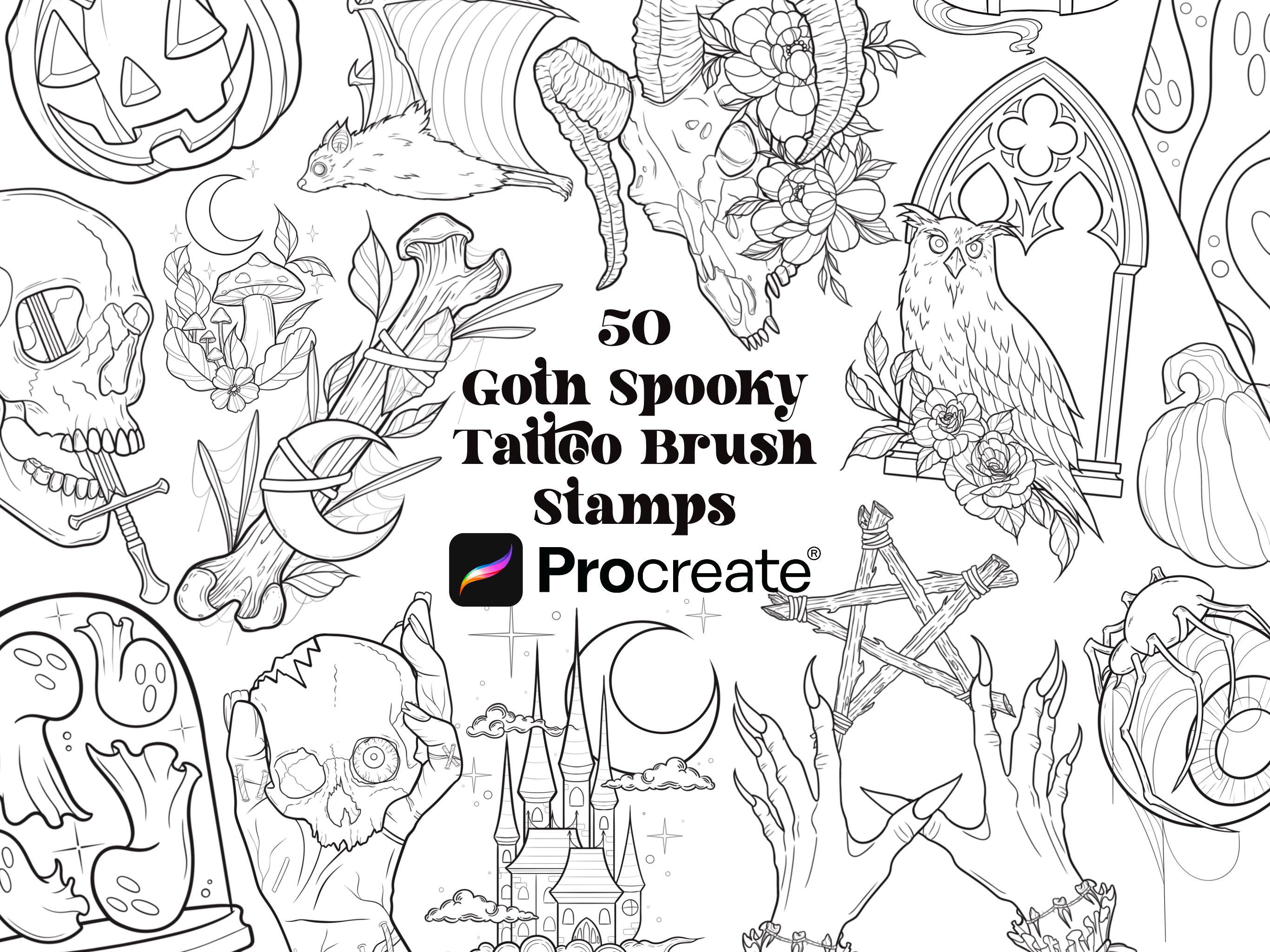 50 Goth Procreate Tattoo Stamps | Halloween Tattoo Flash | Procreate ...