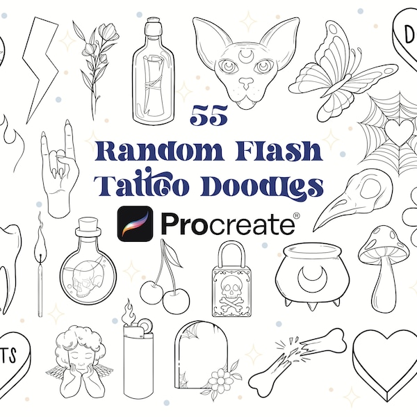 55 motifs de tatouage flash aléatoires Procréez | Pinceau procréer | Procréer des timbres | Dessins de tatouage| Petits dessins de tatouage | Tatouages faciles