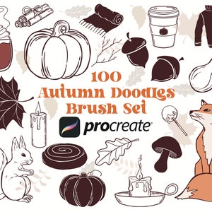 May include: A set of 100 autumn-themed doodle brushes for Procreate. The brushes include images of pumpkins, leaves, acorns, candles, a fox, a squirrel, a mug of hot chocolate, and more.