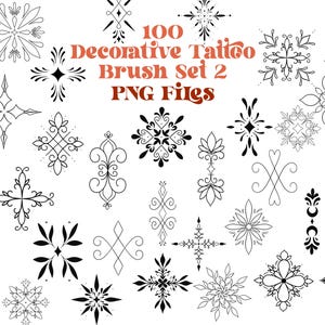 May include: A set of 100 black and white decorative tattoo brush PNG files. The brushes feature various geometric and floral designs, including crosses, stars, and swirls.