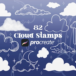 May include: 82 cloud stamps for Procreate, a digital art app. The stamps are white outlines of various cloud shapes on a blue background.