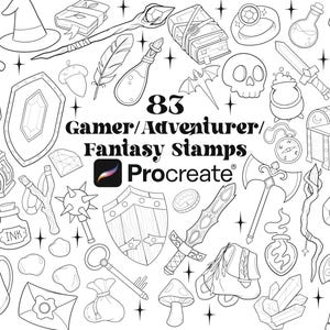 Puede incluir: Una ilustración en blanco y negro de 83 sellos de jugador, aventurero y fantasía para Procreate. Los sellos incluyen una variedad de artículos, como espadas, escudos, pociones y cofres del tesoro.