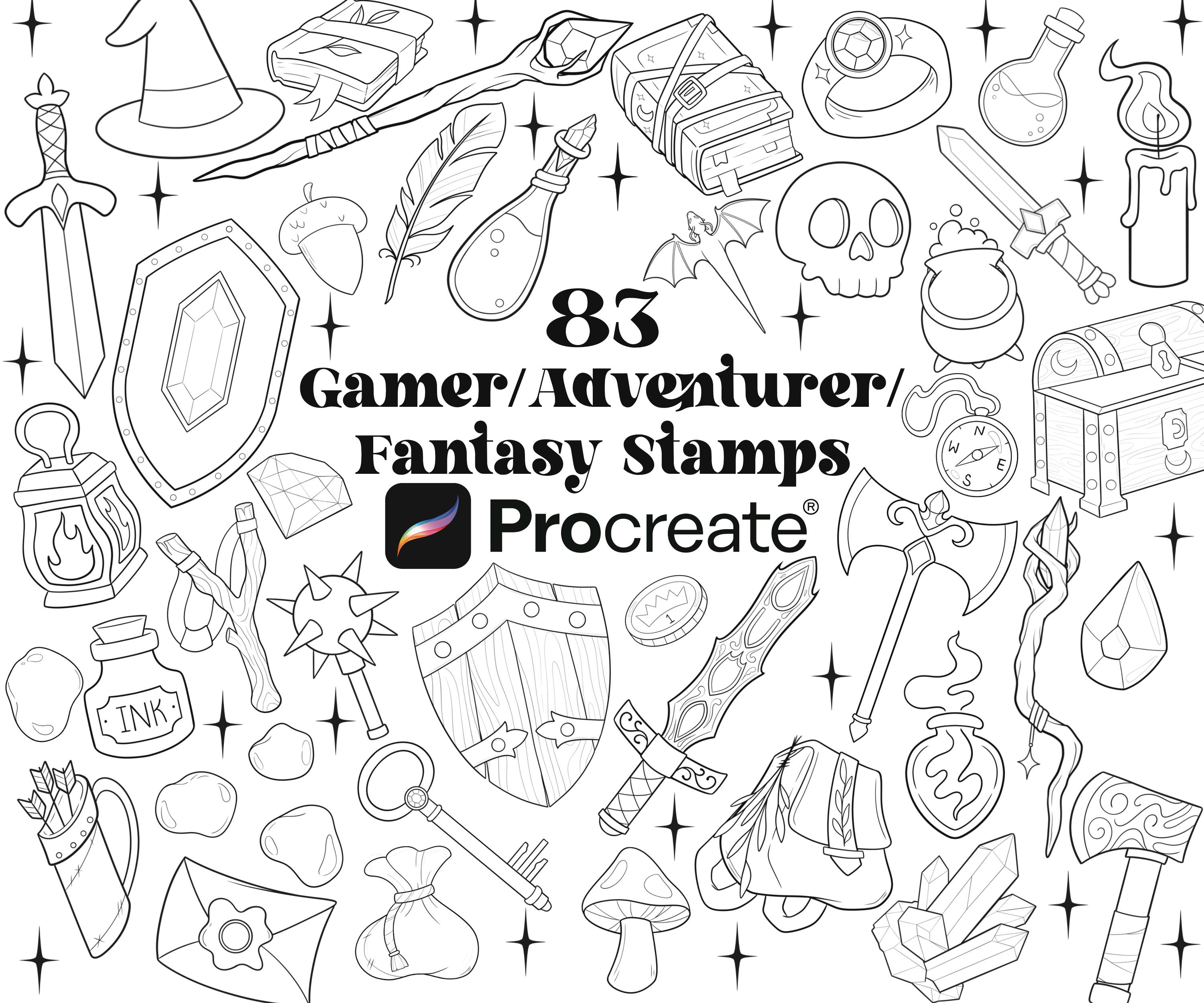 83 Fantasy Gamer Procreate Brush Stamps | Witch, D&D, Adventurer Line Art Stamp Set