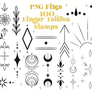 Op de afbeelding: Een set van 100 zwart-witte vinger-tattoo stempels. De stempels bevatten verschillende ontwerpen, waaronder sterren, manen, pijlen en geometrische vormen. PNG Files 100 Finger Tattoos Stamps.