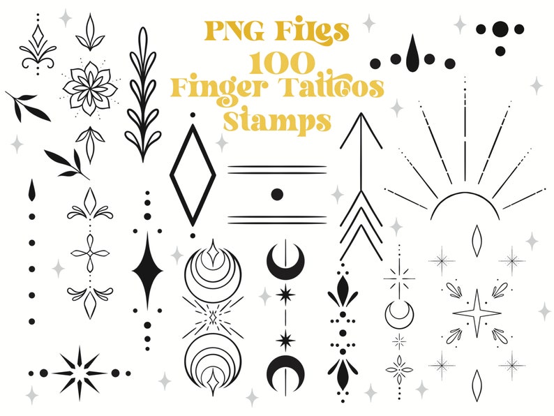 Op de afbeelding: Een set van 100 zwart-witte vinger-tattoo stempels. De stempels bevatten verschillende ontwerpen, waaronder sterren, manen, pijlen en geometrische vormen. PNG Files 100 Finger Tattoos Stamps.