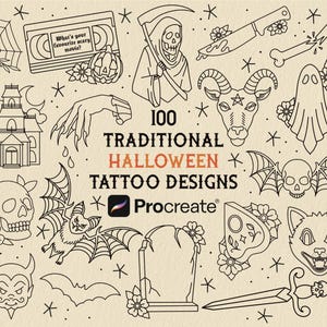 Może przedstawiać: Zbiór 100 tradycyjnych wzorów tatuaży na Halloween w czarnej grafice liniowej. Wzory obejmują ponurego żniwiarza, nietoperze, czaszki, nawiedzony dom i tablicę Ouija. Tekst brzmi: "Jaki jest twój ulubiony straszny film?"