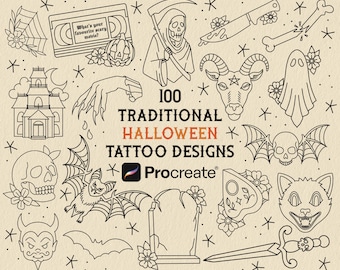 May include: A collection of 100 traditional Halloween tattoo designs in black line art. The designs include a grim reaper, bats, skulls, a haunted house, and a Ouija board. Text reads "What's your favorite scary movie?"
